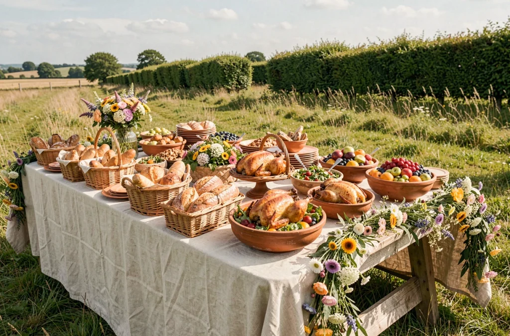 Buffet champêtre de mariage en extérieur avec grandes tables garnies de spécialités régionales et bocage normand en arrière-plan