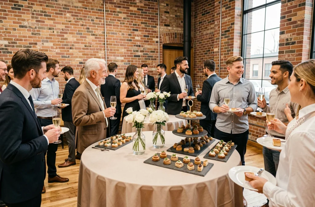 Cocktail dînatoire de mariage avec buffet de canapés, invités debout et décoration minimaliste dans une salle moderne