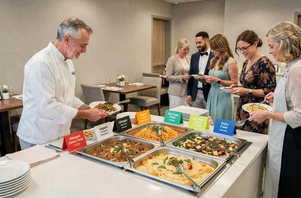 Station buffet de traiteur mariage avec étiquettes d'allergènes et options véganes, sans gluten et sans lactose bien organisées