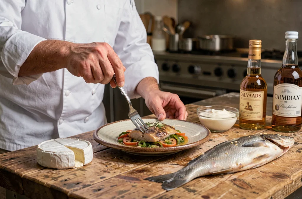 Chef traiteur présentant une assiette de cuisine normande traditionnelle avec camembert, calvados et produits du terroir