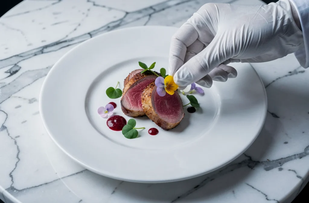 Assiette gastronomique contemporaine de traiteur mariage avec dressage créatif sur porcelaine blanche et table en marbre