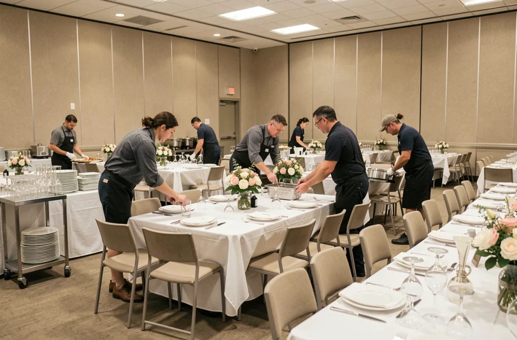 Équipe traiteur polyvalente reconfigurée une salle de mariage entre deux formats de réception avec efficacité professionnelle