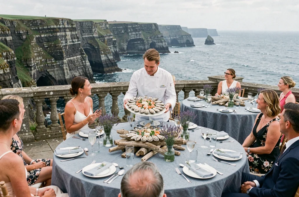 Réception de mariage en bord de mer normand avec plateau de fruits de mer, tables en lin bleu-gris et vue sur les falaises