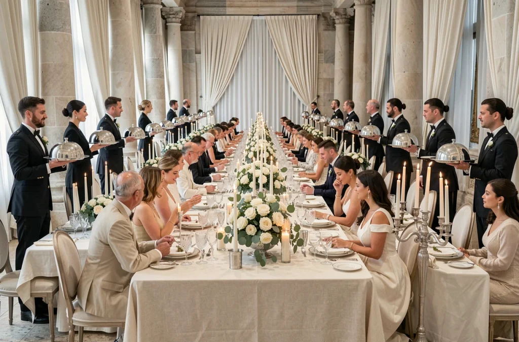 Grande tablée de mariage haut de gamme avec service simultané sous cloches argentées dans une salle de banquet somptueuse