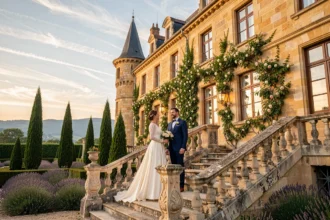 Couple de mariés devant un château en pierre dorée en Occitanie entouré de jardins à la française et de lavande