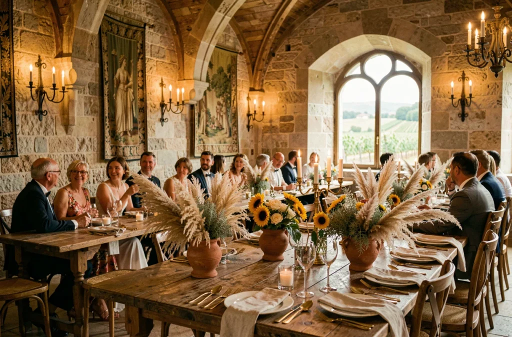 Salle de réception de mariage dans un château historique en Occitanie avec décoration rustique chic et tables en bois dressées